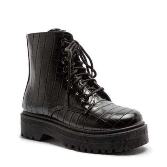 Black Croc Embossed Combat Boots - Picture 4 of 10